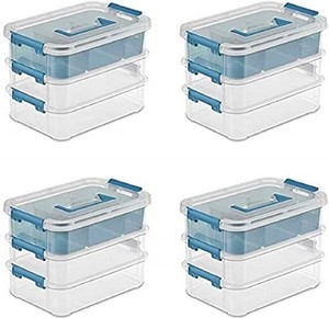 lot 51464 image: Sterilite 14138606 Stack & Carry 3 Layer Handle Box & Tray, Clear Base w Colored Handle, Latches and Tint Tray, 6-Pack