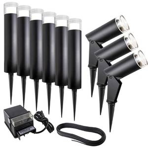 lot 51472 image: Bazz G14T71513X9 Luvia Landscape Kit, Spot Lights, Bollards, Power Source, Cable, Energy Efficient, Easy Installation, Directional, Bulbs Included, Black