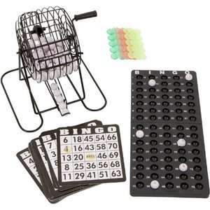 lot 51480 image: Trademark Innovations 18 Card Bingo Set With 75 Numbered Balls, a Metal Cage to Spin, Bingo Chips and Ball Rack