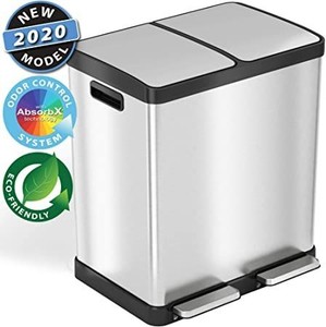lot 51499 image: iTouchless SoftStep 16 Gallon Step Trash Can & Recycle Bin with Double Odor Control System, Stainless Steel, 2 x 8 Gallon (30L) Removable Color-Coded Buckets, Soft Close and Airtight Seal