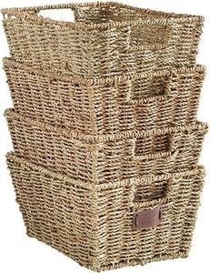 lot 73007 image: VonHaus Set of 4 Seagrass Storage Baskets with Insert Handles Ideal for Home and Bathroom Organization - 12(L) x 9(W) x 6(H) inches