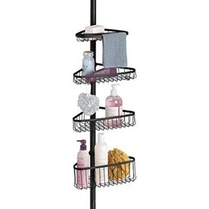 lot 73048 image: mDesign Bathroom Shower Storage Constant Tension Corner Pole Caddy - Adjustable Height - 4 Positionable Baskets - for Organizing and Containing Hand Soap, Body Wash, Wash Cloths, Razors - Matte Black