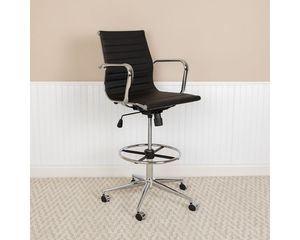lot 73168 image: Flash Furniture Ergonomic Black LeatherSoft Drafting Chair with Adjustable Height Foot Ring and Chrome Base