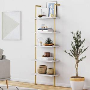 lot 73176 image: Nathan James Theo Industrial 5-Shelf Gold Ladder Bookcase with White Open Shelves and Brass Metal Frame