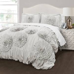 lot 73211 image: Lush Decor Light Gray Serena Comforter Ruched Flower 3 Piece Set King
