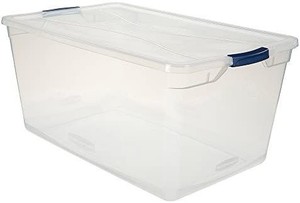 lot 73221 image: Rubbermaid Cleverstore Clear 95 QT Pack of 4 Stackable Large Storage Containers with Durable Latching Clear Lids