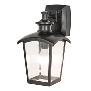 lot 73234 image: Home Luminaire 31703 Spence 1-Light Outdoor Wall Lantern with Seeded Glass and Built-in GFCI Outlets, Black
