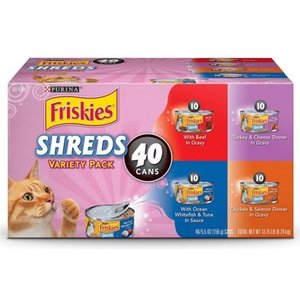 lot 73280 image: Purina Friskies Wet Cat Food Variety Pack, Shreds Beef, Turkey, Whitefish, and Chicken & Salmon - (40) 5.5 oz. Cans
