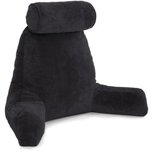 lot 73330 image: Husband Pillow - Black, Big Backrest Reading Bed Rest Pillow with Arms, Plush Memory Foam Fill, Remove Neck Roll Off Bungee, Change Covers, Zipper On Shell of Bed Chair for Adjustable Loft