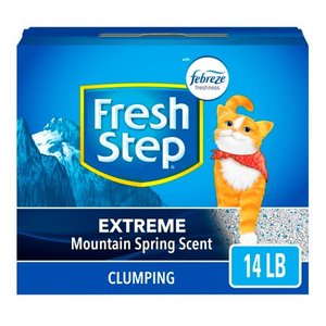 lot 73335 image: Fresh Step Extreme Scented Litter with The Power of Febreze, Clumping Cat Litter �� Mountain Spring, 14 lb, Grey. Opened