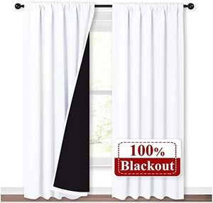 lot 73346 image: NICETOWN 100% Blackout Curtain Panels, Rod Pocket Window Curtains with Black Liner for Nursery, 84 inches Drop Heat and Full Light Blocking Draperies (White, 2 Pieces, 52 inches Wide Each Panel)