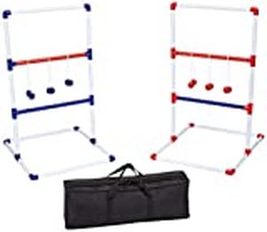 lot 73380 image: AmazonBasics Ladder Toss Outdoor Lawn Game Set with Soft Carrying Case - 40 x 24 Inches, Red and Blue