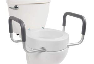 lot 5257 image: Vive Toilet Seat Riser with Handles - Raised Toilet Seat with Padded Arms for Handicapped - Medical Handicap Bathroom Safety Chair - Portable, High and Elevated Lifter Extender (Standard)