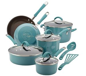 lot 5263 image: Rachael Ray Cucina Hard Porcelain Enamel Nonstick Cookware Set, 12-Piece, Agave Blue