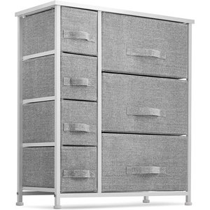 lot 6027 image: 7 Drawers Dresser - Furniture Storage Tower Unit for Bedroom, Hallway, Closet, Office Organization - Steel Frame, Wood Top, Easy Pull Fabric Bins GrayWhite