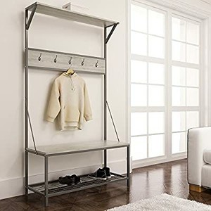 lot 6028 image: Shoe Bench With Coat Rack Hall Tree Storage Organizer 5 Hooks In Gunmetal Finish