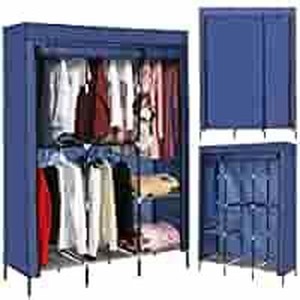lot 6046 image: emdaot Portable Clothes Closet Organizer Wardrobe with Double Rod Shelves Freestanding Storage Wardrobe (Blue).