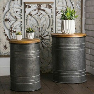 lot 6080 image: Rustic Storage Bins Metal Stool Ottoman Seat with Round Wood Lid Set of 2