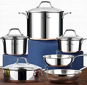 lot 7006 image: HOMI CHEF 10-Piece Nickel Free Stainless Steel Cookware Set Copper Band - Nickel Free Stainless Steel Pots and Pans Set - Healthy Cookware Set Stainless Steel - Non-Toxic Induction Cookware Sets