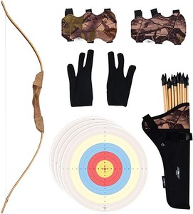 lot 7019 image: UTeCiA 30 Pcs Complete Archery Set for Kids & Beginners - Safety Rubber Tip Arrow Pack, Handcrafted Wooden Bow, Fabric Quiver, Arm Guard, Finger Glove, Target Sheets - Outdoor and Indoor Shooting Toy
