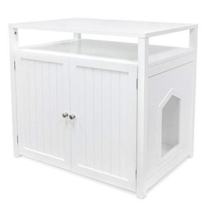 lot 9086 image: Arf Pets Cat Litter Box Enclosure, Furniture Large Box House with Table, White