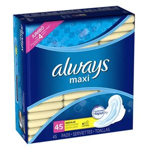 lot 6130 image: Always Maxi Regular Absorbency Pads with Wings Unscented, Size 1, 45 Ct