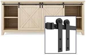 lot 6137 image: SMARTSTANDARD 6.6FT Super Mini Sliding Barn Door Hardware Track Kit -Smoothly and Quietly -For Double Opening Cabinet, TV Stand, Closet, Window -Fit 20-26 Wide Door Panel-I Shape Hanger (NO Cabinet)