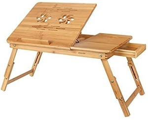 lot 6138 image: HOMFA Bamboo Laptop Desk Adjustable Portable Breakfast Serving Bed Tray Multifunctional Table with Tilting Top Storage Drawer