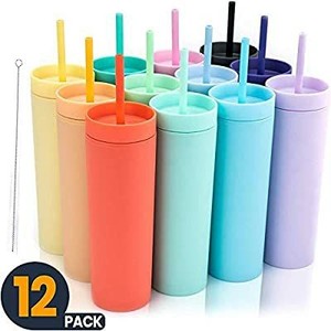 lot 6140 image: SKINNY TUMBLERS (12 pack) Matte Colored Acrylic Tumblers with Lids and Straws  Skinny, 16oz Double Wall Plastic Tumblers With FREE Straw Cleaner Reusable Cup With Straw  Vinyl DIY Gifts