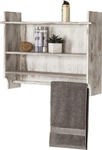 lot 6152 image: MyGift Wall-Mounted Rustic Gray Wood 3-Tier Bathroom Organizer Shelf with Towel Bar