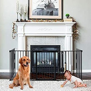 lot 6175 image: Nsdirect 121 Inch Baby Gate, Fireplace Fence with Door, Extra Wide BabyPuppy Gates for Large Opening 5-Panel Metal Play Yard, Christmas Tree Fence with Walk Through Gate 30 Inch High
