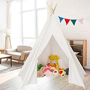lot 6182 image: JOYMOR Extra Large Space 5 Poles Teepee Upgraded 6 Foldable Cotton Canvas Indoor Tent Indian Playhouse for Kids Play with Banner,Carry Bag,Window,Pocket (White)
