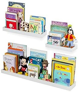 lot 6185 image: Wallniture Philly 3 Varying Sizes Floating Shelves Trays Bookshelves and Display Bookcase �� Wood Shelving for Kids Room and Nursery �� Wall Mounted Storage Bathroom Shelf, White