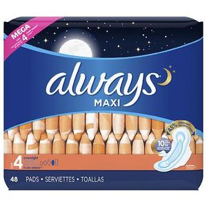 lot 6198 image: Always Maxi Overnight Pads with Wings, Unscented, Size 4, 48 Ct