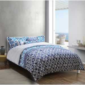 lot 1072 image: Explore brand - Mykonos Printed 6-Piece Bedding Comforter Set - Grecian Tile Design in Deep BlueMedium BlueWhite