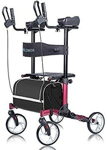 lot 6218 image: ELENKER Upright Walker, Stand Up Folding Rollator Walker Back Erect Rolling Mobility Walking Aid with Backrest Seat and Padded Armrests for Seniors and Adults, Red