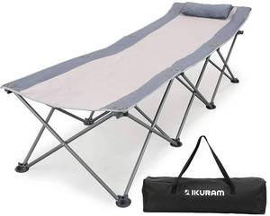 lot 6258 image: IKURAM Folding Camping Cot with Side Storage Bag, Single Person Camping Bed Foldable Sleeping Bed Cots for Adults with Carry Bag and Pillow