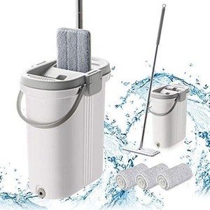 lot 7052 image: BOOMJOY Microfiber Flat Mop with Bucket, Cleaning Squeeze Hand Free Floor Mop, 3 Reusable Mop Pads, Stainless Steel Handle, Extra Large, Gray