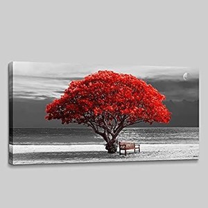 lot 9173 image: Wall Art for Living Room Decorations Photo Prints - Panoramic Black and White with red Trees The Moon Landscape