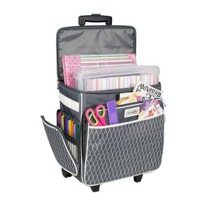 lot 9180 image: Everything Mary Grey & White Rolling Scrapbook Storage Tote - Scrapbooking Storage Case for Rings, Paper, Binder, Crafts, Beads, Paper, Scissors - Telescoping Handle with Dual Wheels - Craft Case