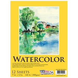 lot 9205 image: 9x12 Premium Heavy-Weight Watercolor Painting Paper Pad 140lbs 300gms 12-Sheets