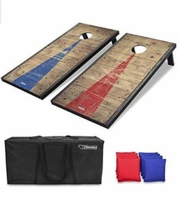 lot 1152 image: GoSports 4x2 Classic Cornhole Set with Rustic Wood Finish  Includes 8 Bags, Carry Case and Rules, RedBlue, RedBlue