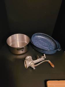 lot 2003 image: Assorted pans and a meat grinder