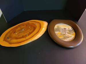 lot 2033 image: wood wall clock and toilet seat painting