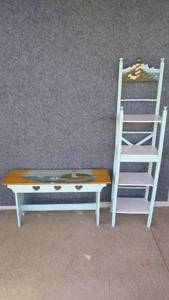 lot 234 image: Hand-Painted Lighthouse-Themed Wooden Bench and Rack