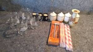 lot 265 image: Lot of Candles, Candle Holders, and 4 Vintage Painted Glass Mugs