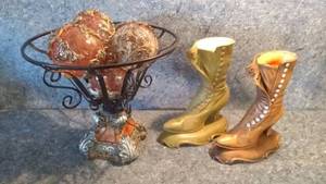 lot 267 image: Pair of Vintage Atlantic Mold Victorian Lady Ceramic Boot Cases and Decorative Basket w Glass Balls
