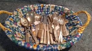 lot 273 image: Basket Full of Antique and Vintage Silverware (Silver Plate and Stainless)