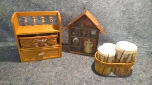 lot 276 image: Vintage 1970s Miniatures Wall Shadow Box, Small Decorative Wall Shelf, and Decorative Roped Wood Dock Pillars