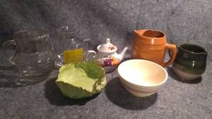 lot 322 image: Vintage Pitchers, Flameware Sun Tea Maker, and More